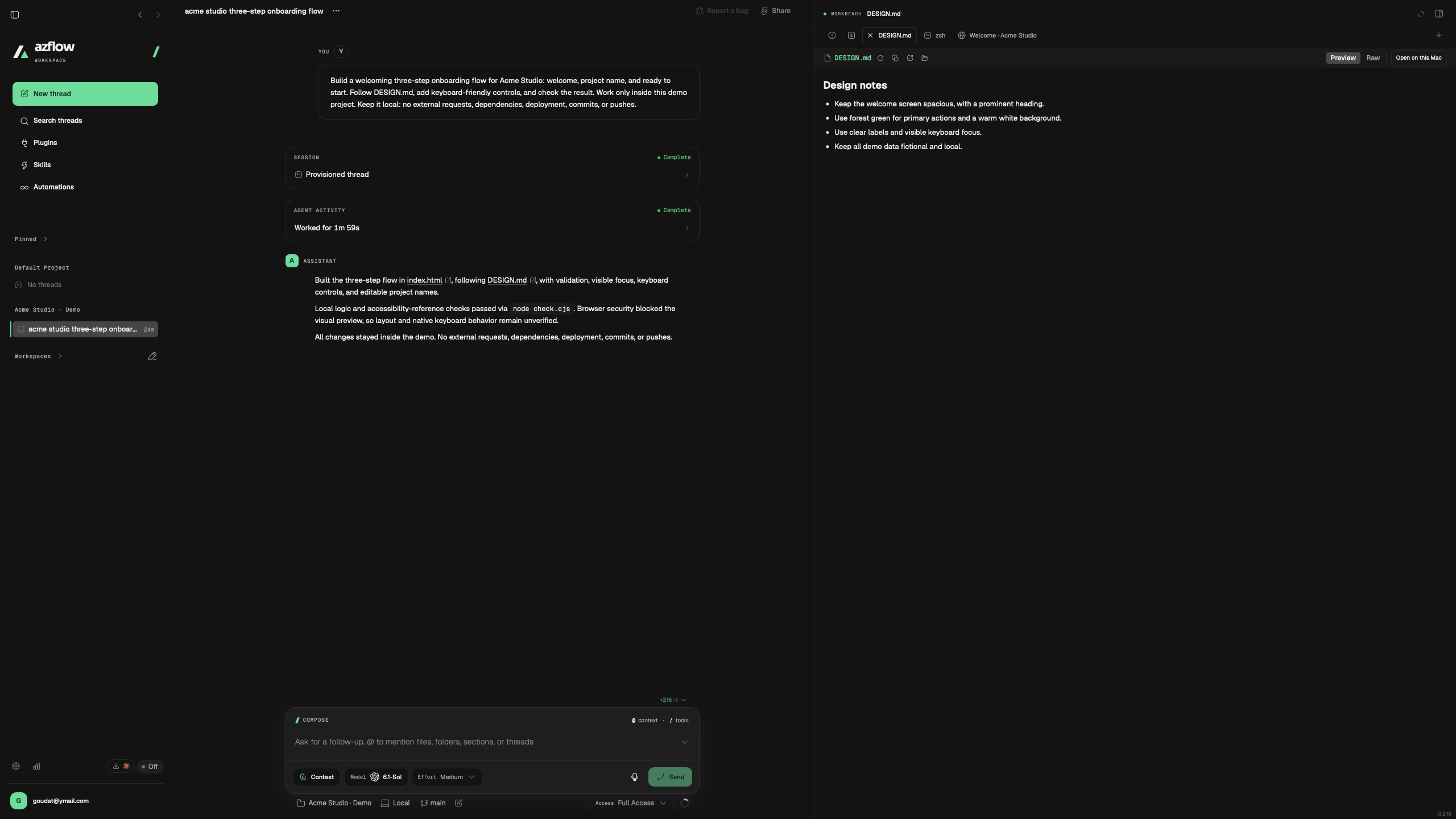 Acme Studio design notes in the Azflow file viewer.