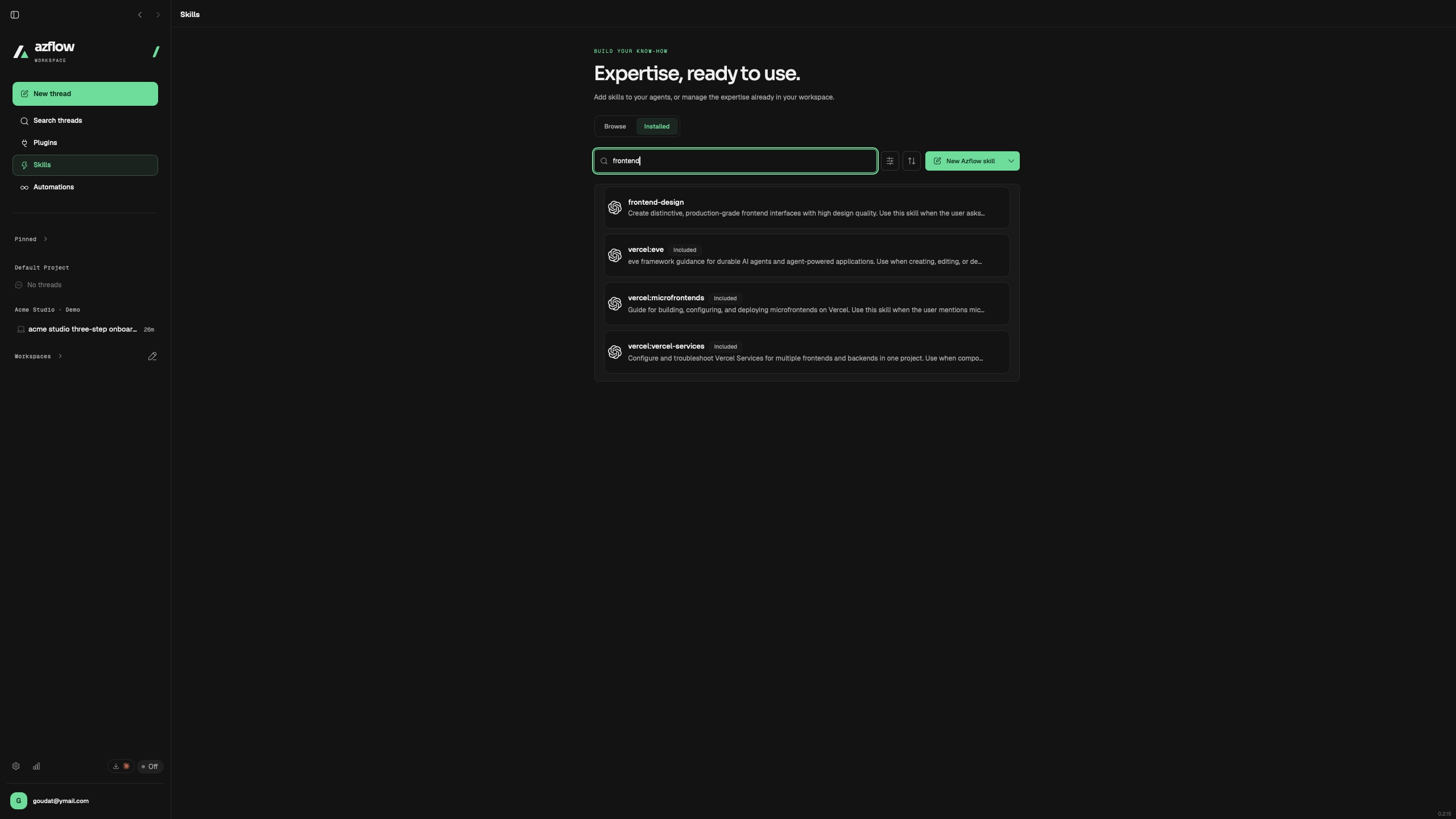 Azflow skills search and installed frontend design skills.